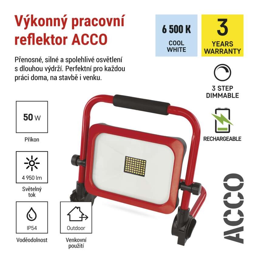 LED reflektor ACCO nabíjecí přenosný, 50W, studená bílá