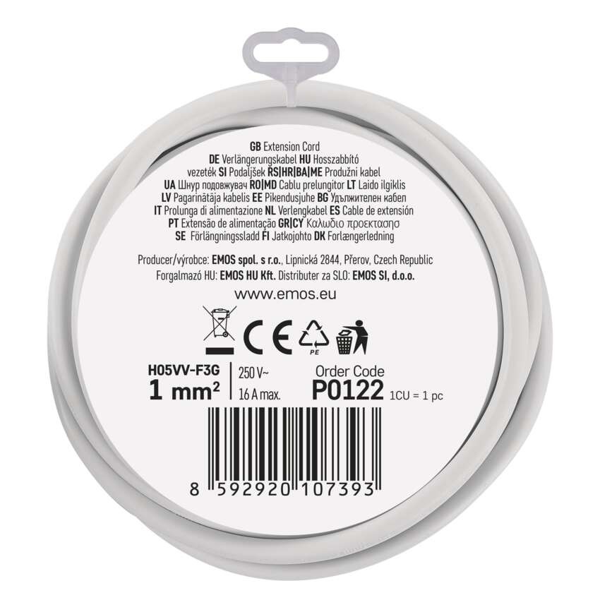 Ilgintuvas 2 m / 1 lizdas / baltas / PVC / 1 mm2 