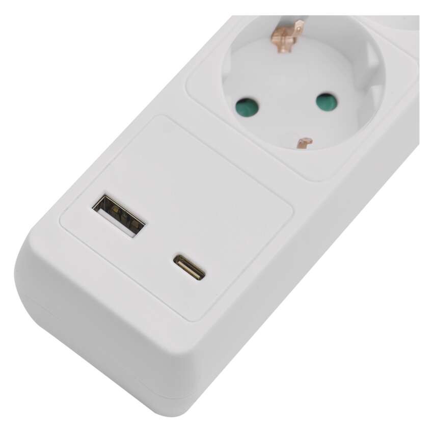 Ilgintuvas 3 m / 5 lizdai / su jungikliu / baltas / 1× USB-A + 1× USB-C / 1,5 mm2 