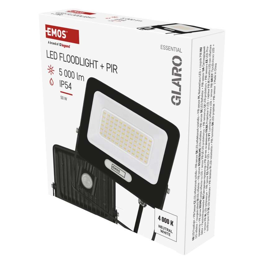 GLARO LED prožektors ar kustības sensoru, 50 W, melns, IP54, 5000 lm, neitrāli balts
