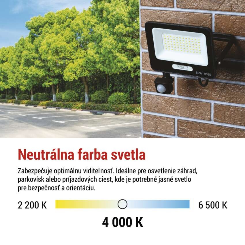 LED reflektor GLARO s pohybovým čidlom, 50 W, čierny, IP54, 5000 lm, neutrálna biela