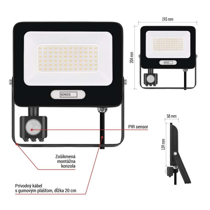 LED reflektor GLARO s pohybovým čidlom, 50 W, čierny, IP54, 5000 lm, neutrálna biela