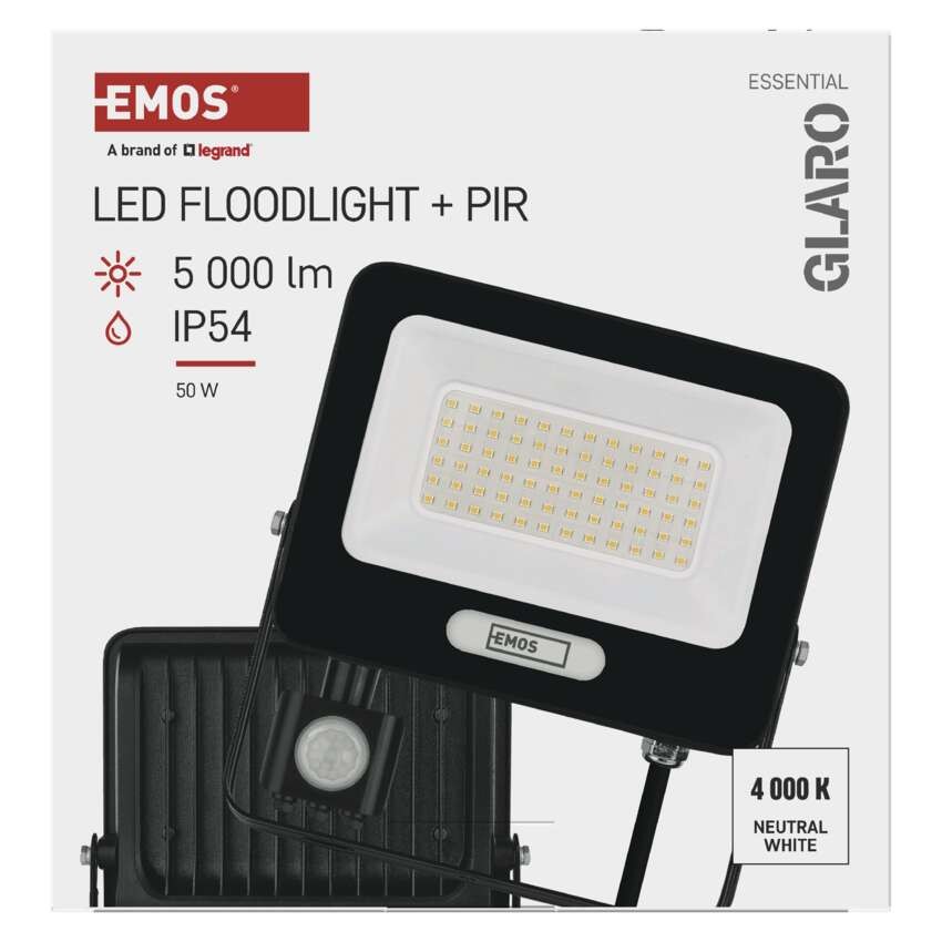 GLARO LED prožektors ar kustības sensoru, 50 W, melns, IP54, 5000 lm, neitrāli balts