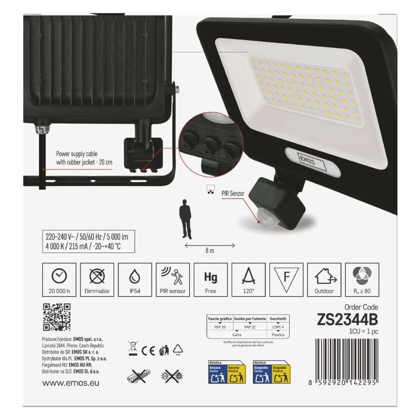GLARO LED prožektors ar kustības sensoru, 50 W, melns, IP54, 5000 lm, neitrāli balts
