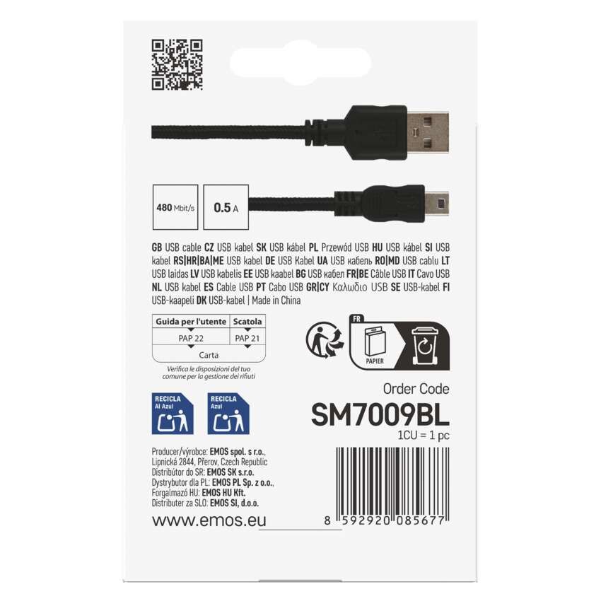 Įkrovimo ir duomenų perdavimo kabelis USB-A 2.0 / Mini USB-B 2.0, 2 m, juodas