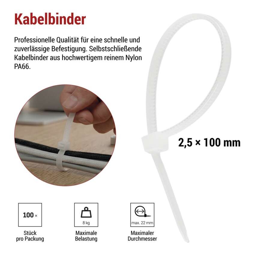 Kabelbinder 100×2,5, weiss, 100 Stk