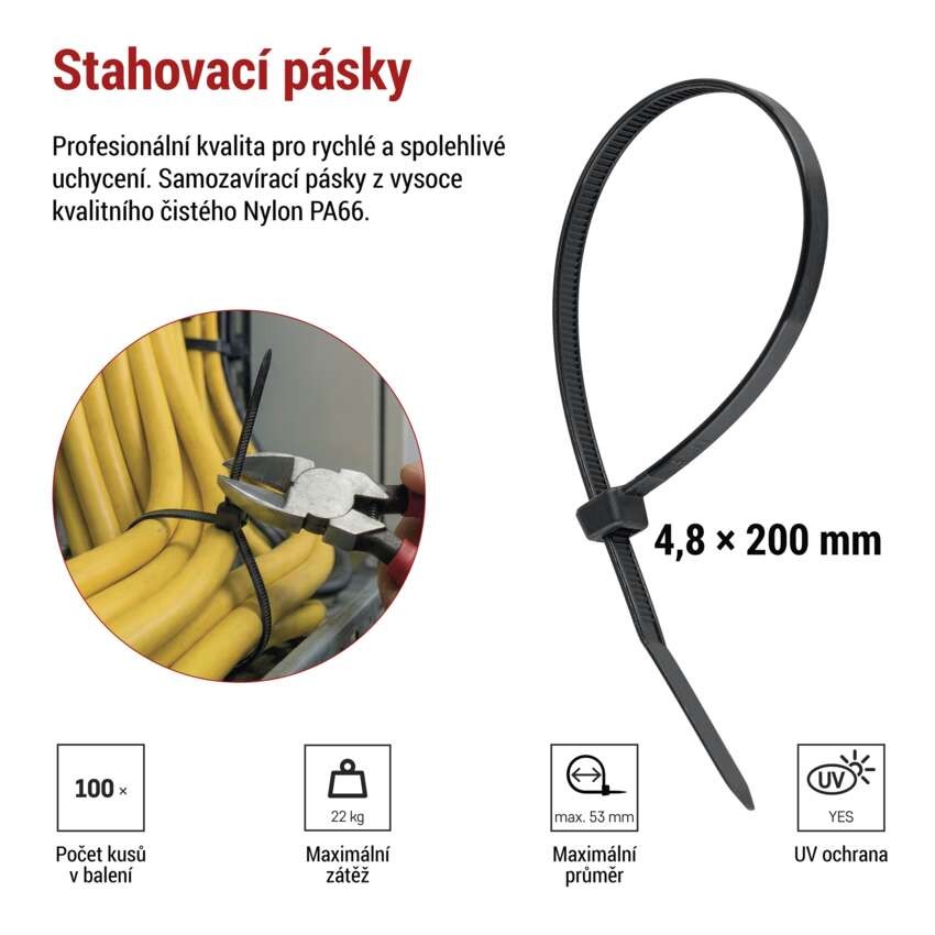 Stahovací páska 200×4,8 mm, černá, 100 ks