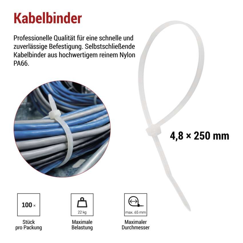 Kabelbinder 250×4,8, weiss, 100 Stk