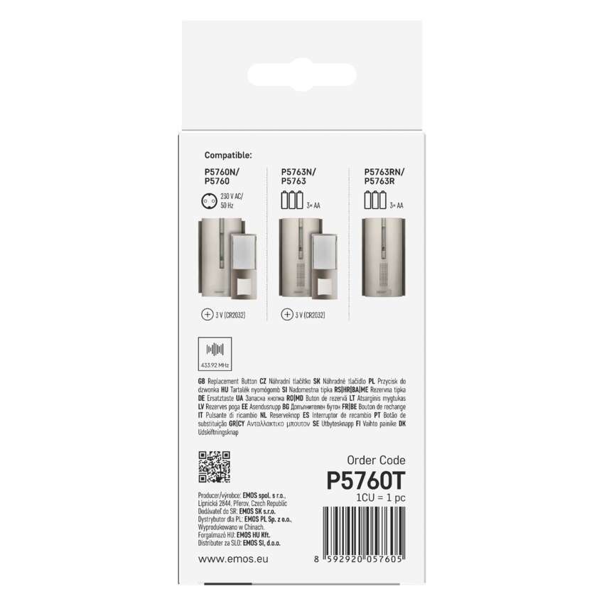 Lauko durų skambučio mygtukas, skirtas P5760, P5763, P5763R su 1x CR2032