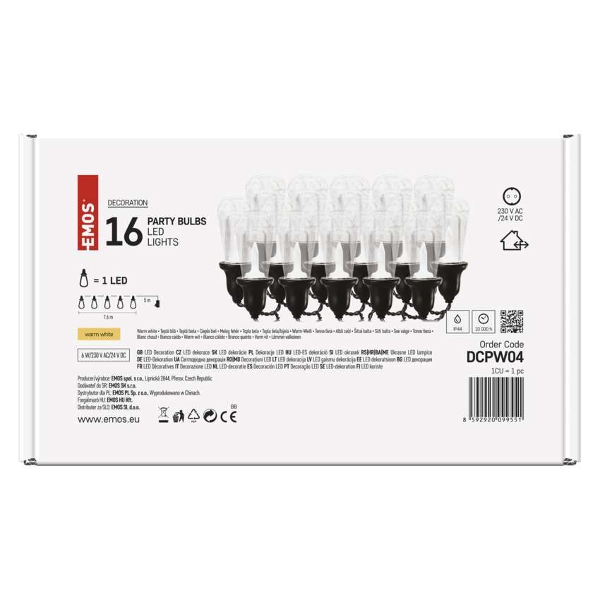 LED fényfüzér – 16x party égő átlátszó, 7,6 m, kültéri és beltéri, meleg fehér