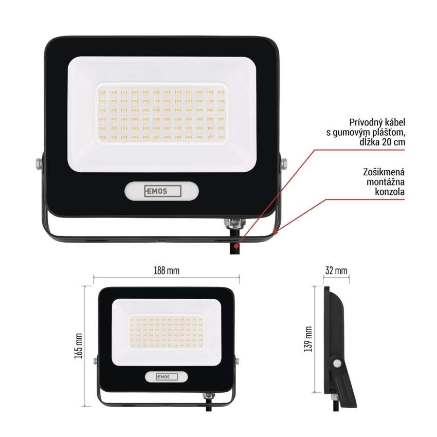 LED reflektor GLARO 50W, čierny, IP65, 5000 lm, neutrálna biela