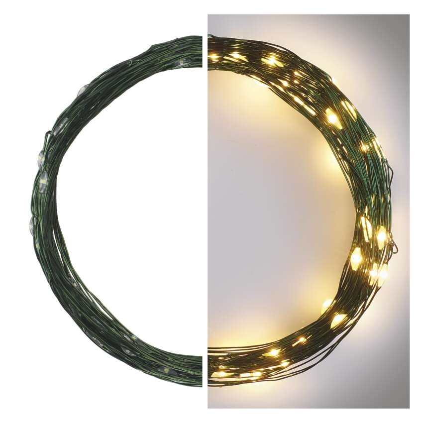 LED Ziemassvētku nano virtene, zaļa, 7,5 m, liet. ārā un iekštelpās, silti balta, ar taim.