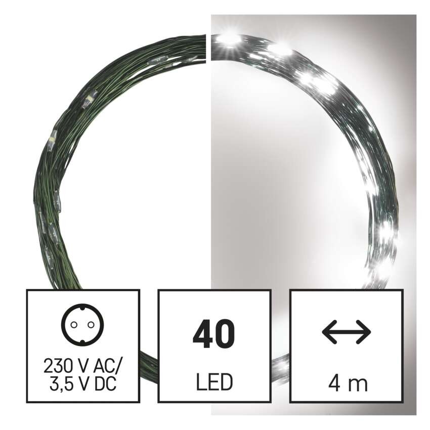 LED Ziemassvētku nano virtene, zaļa, 4 m, liet. ārā un iekšt., auksti balta, ar taimeru