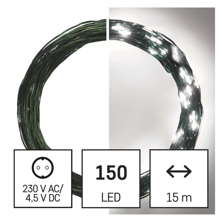 LED Ziemassvētku nano virtene, zaļa, 15 m, liet. ārā un iekšt., auksti balta, ar taimeru