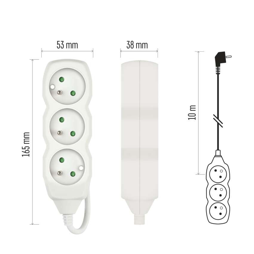 Prodlužovací kabel 10 m / 3 zásuvky / bílý / PVC / 1 mm2