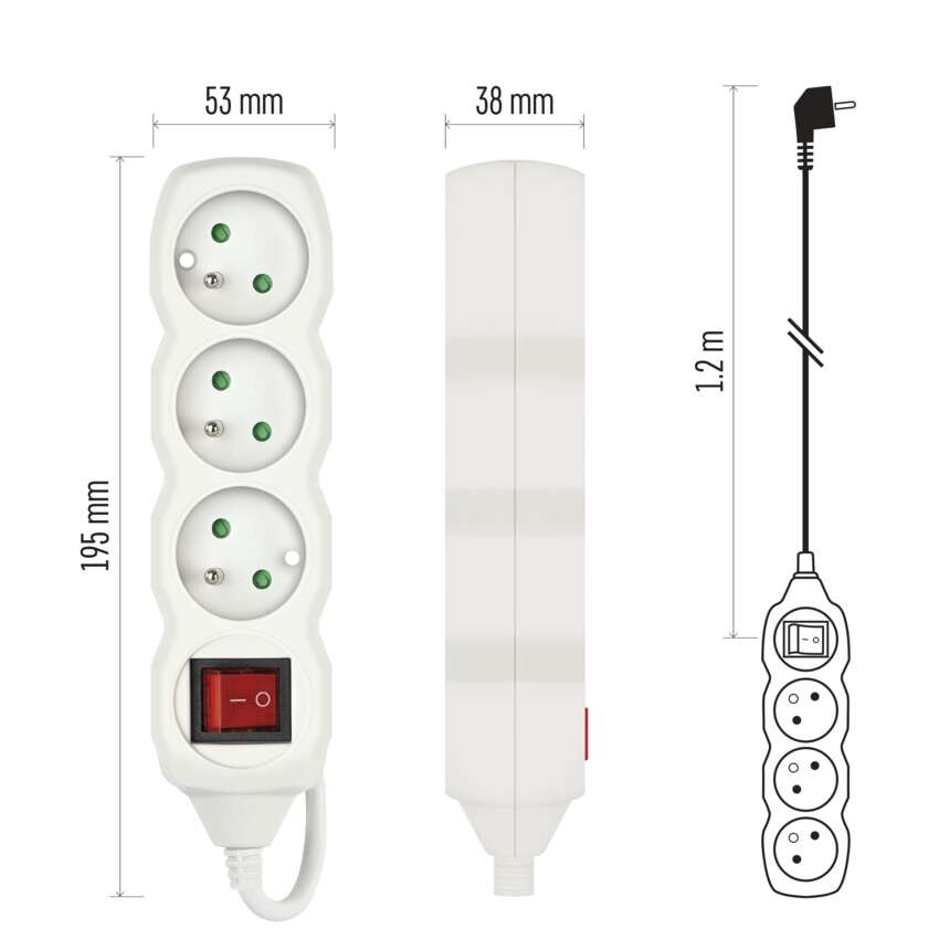 Prodlužovací kabel 1,2 m / 3 zásuvky / s vypínačem / bílý / PVC / 1 mm2