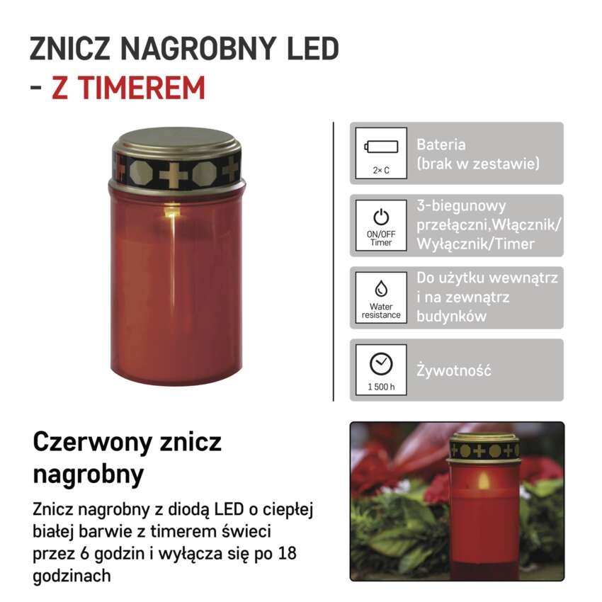 Świeczka cmentarna LED, czerwona, 2x C, IP44, timer