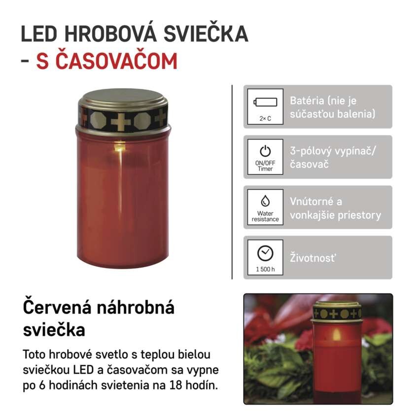 LED náhrobná sviečka červená, 2x C, vonkajšia aj vnútorná, teplá biela, časovač