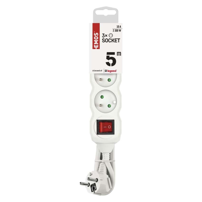 Predlžovací kábel 5 m / 3 zásuvky / s vypínačom / biely / PVC / 1 mm2