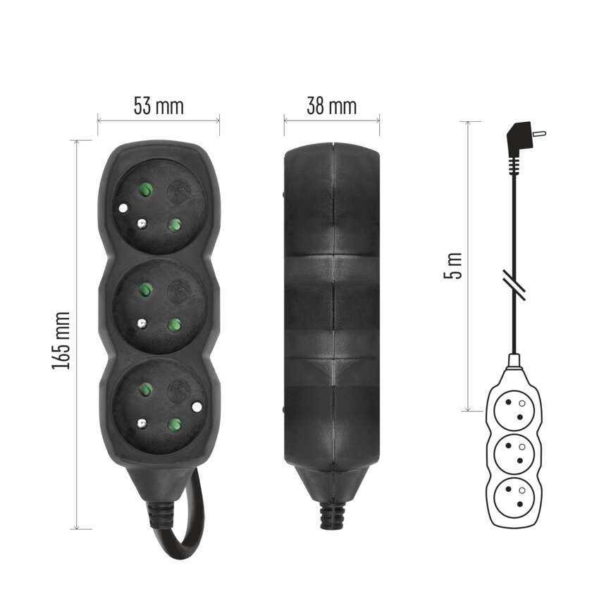 Przedłużacz 5 m / 3 gniazda / czarny / PVC / 1,5 mm2