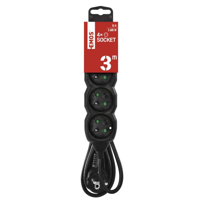 Predlžovací kábel 3 m / 4 zásuvky / čierny / PVC / 1,5 mm2
