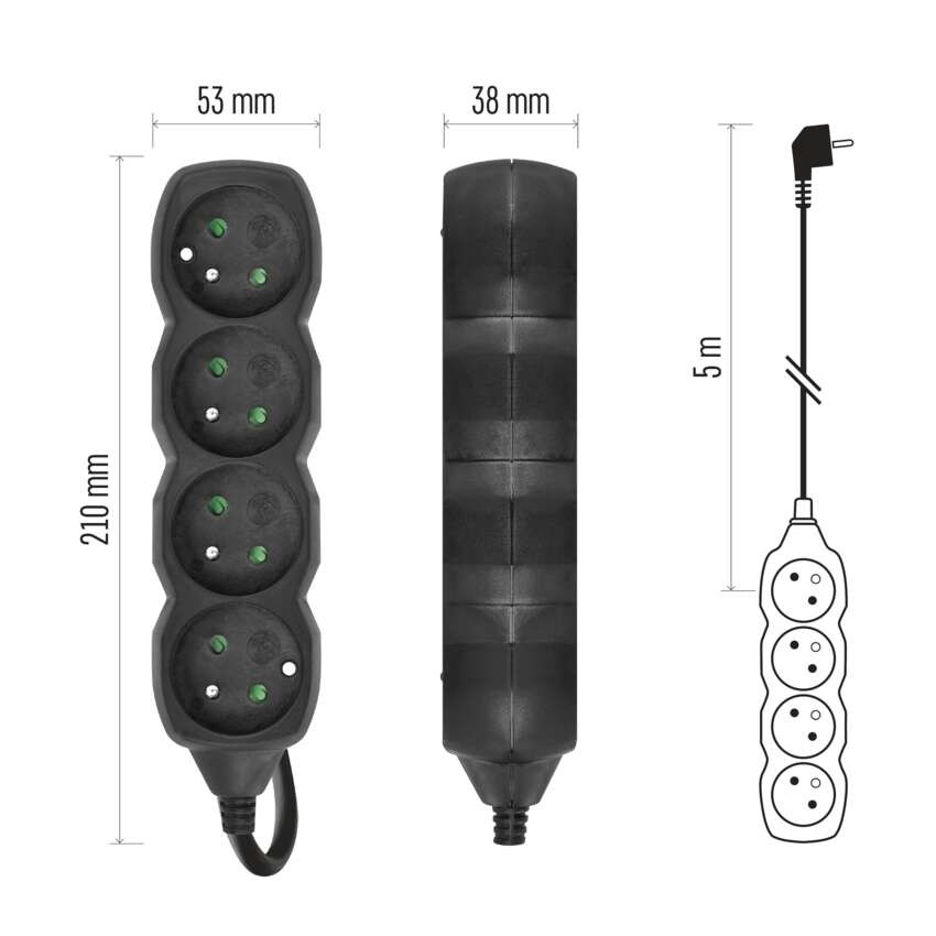 Przedłużacz 5 m / 4 gniazda / czarny / PVC / 1,5 mm2