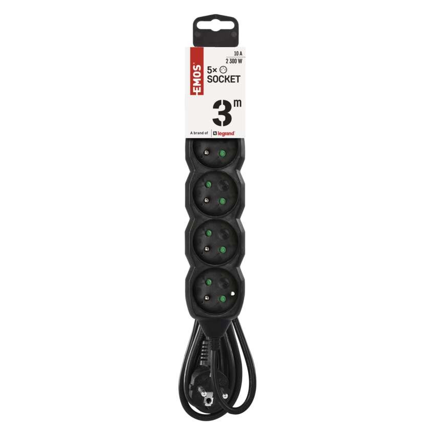 Prodlužovací kabel 3 m / 5 zásuvek / černý / PVC / 1 mm2