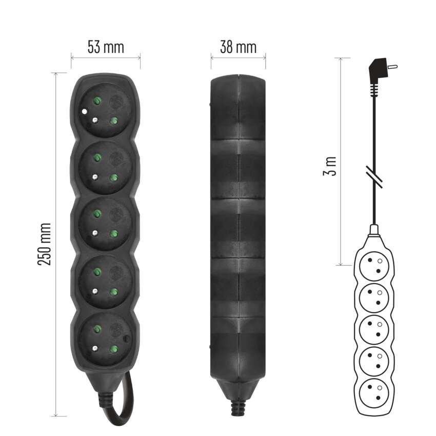 Prodlužovací kabel 3 m / 5 zásuvek / černý / PVC / 1 mm2