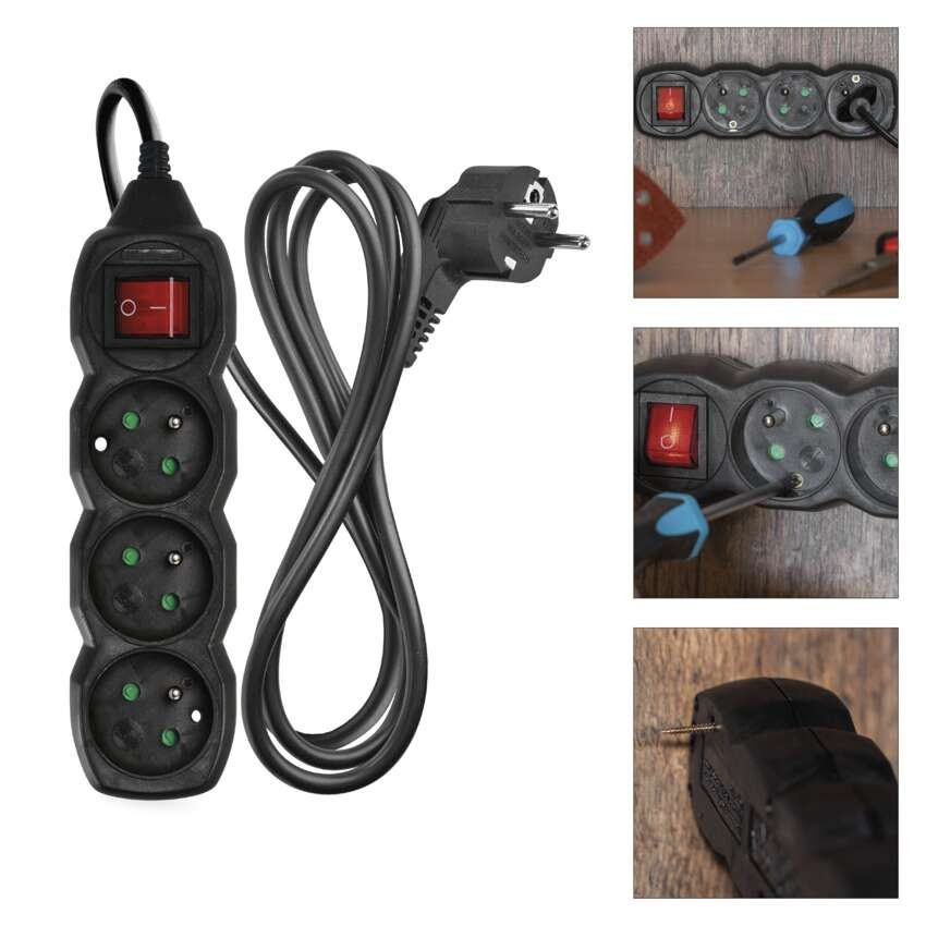 Predlžovací kábel 1,5 m / 3 zásuvky / s vypínačom / čierny / PVC / 1 mm2