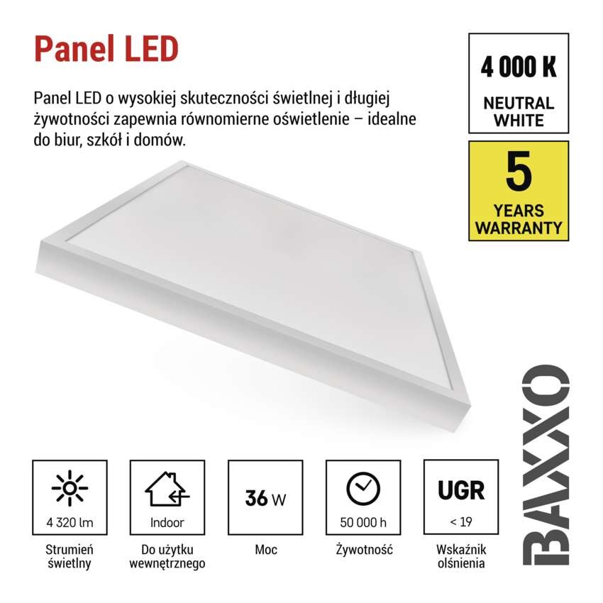 Panel LED BAXXO 60 x 60 cm / 50 mm, 36 W, IP20, neutralna biel UGR<20