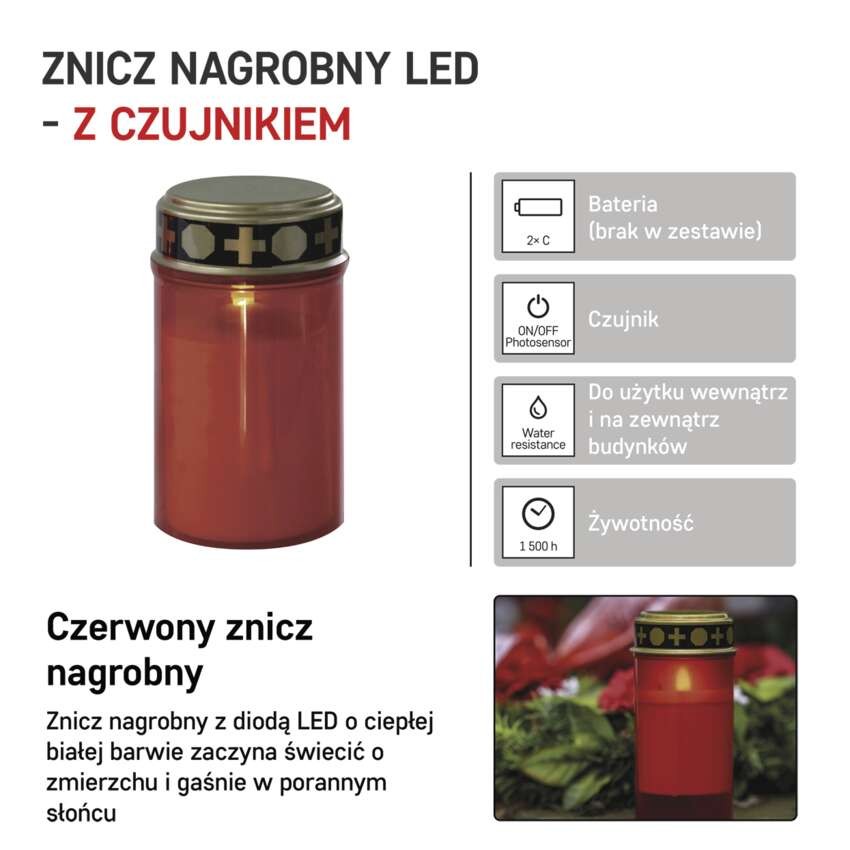 Świeczka cmentarna LED, czerwona, 2x C, czujnik zmierzchu, IP 44