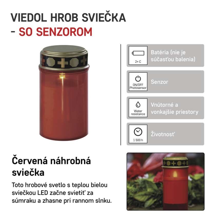 LED náhrobná sviečka červená, 2x C, vonkajšia aj vnútorná, teplá biela, senzor
