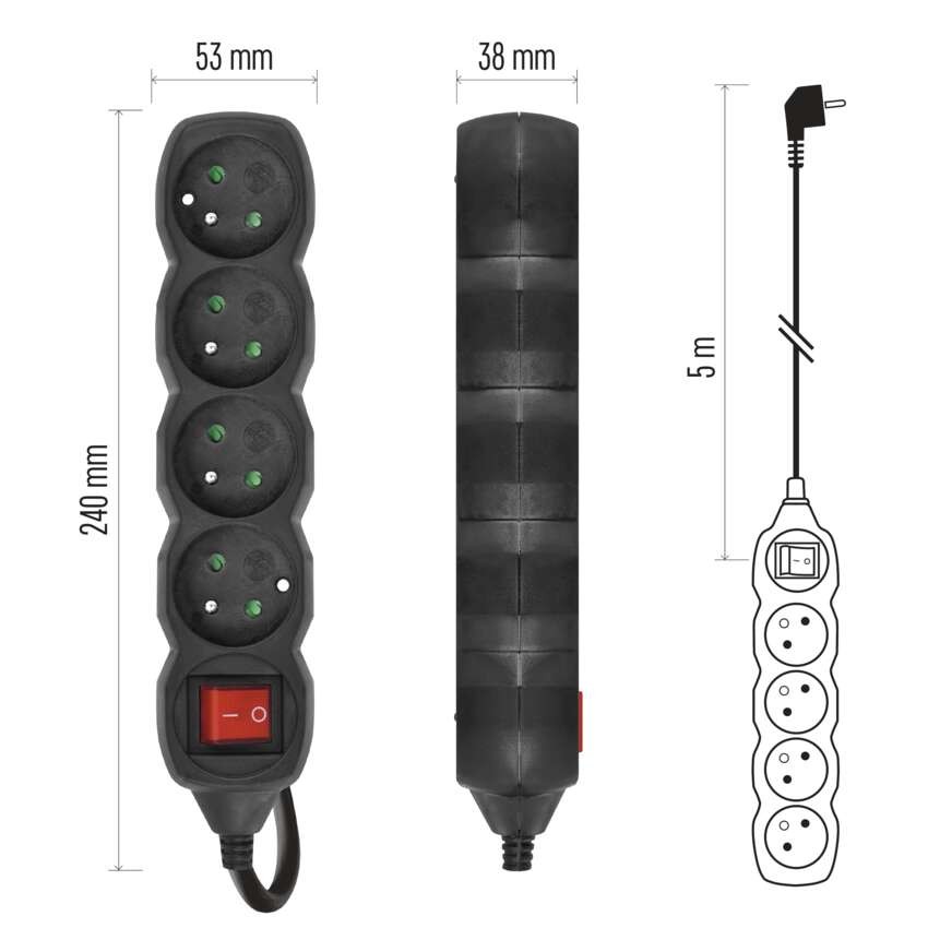 Predlžovací kábel 5 m / 4 zásuvky / s vypínačom / čierny / PVC / 1 mm2