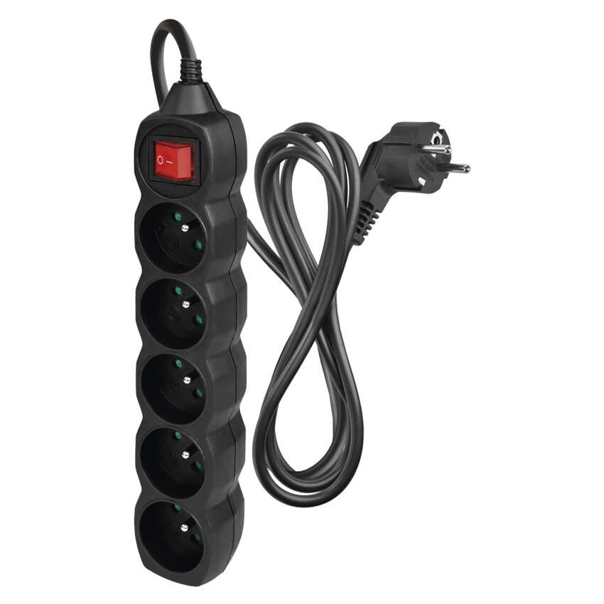 Predlžovací kábel 2 m / 5 zásuviek / s vypínačom / čierny / PVC / 1 mm2