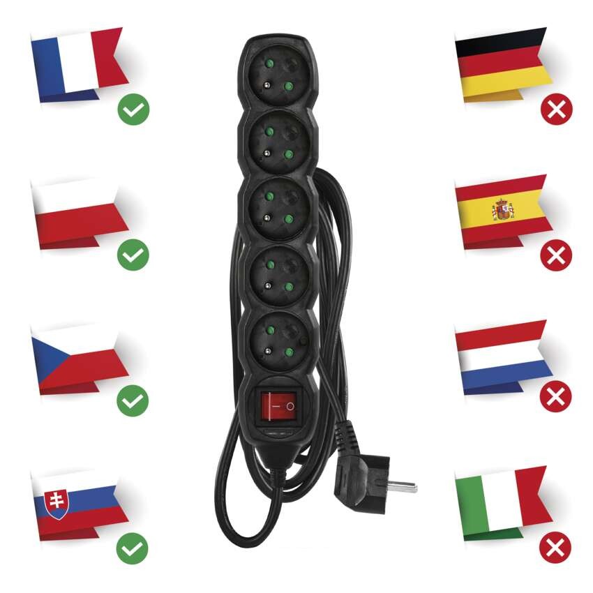 Predlžovací kábel 2 m / 5 zásuviek / s vypínačom / čierny / PVC / 1 mm2