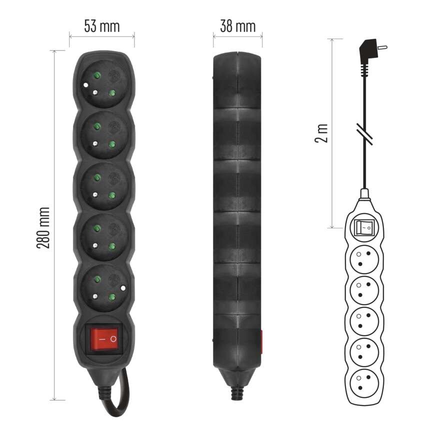Predlžovací kábel 2 m / 5 zásuviek / s vypínačom / čierny / PVC / 1 mm2