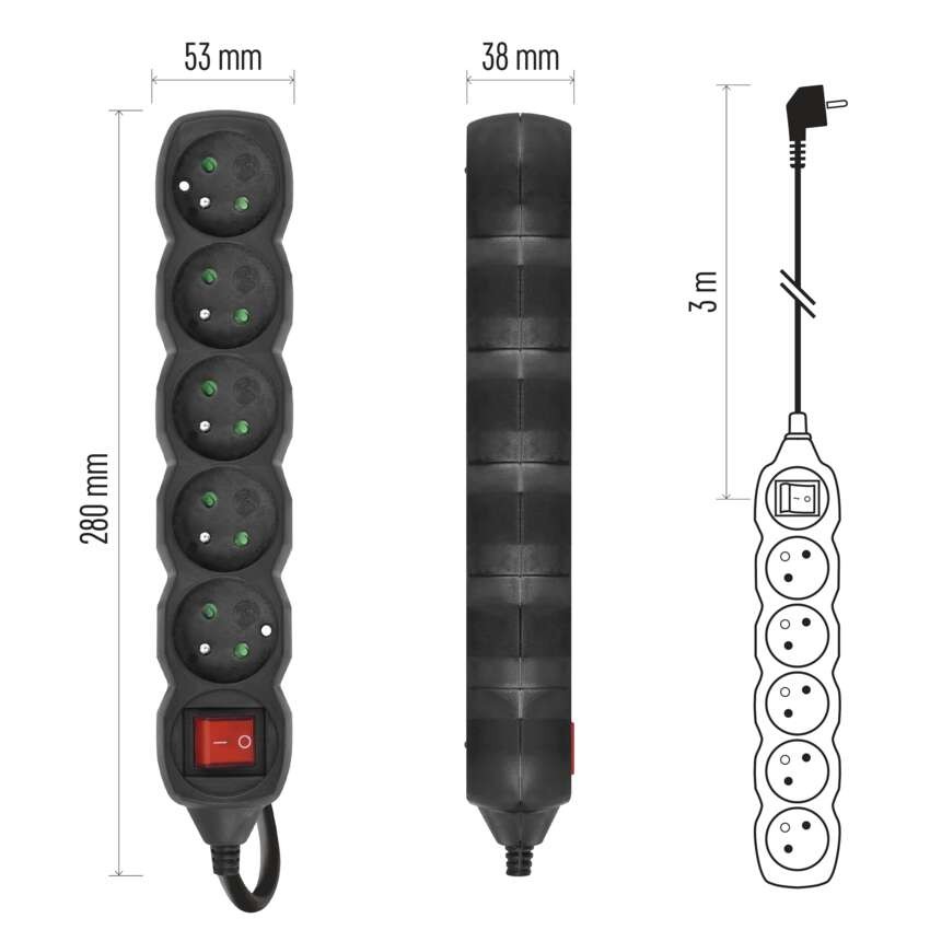 Przedłużacz 3 m / 5 gniazd / z wyłącznikiem / czarny / PVC / 1 mm2