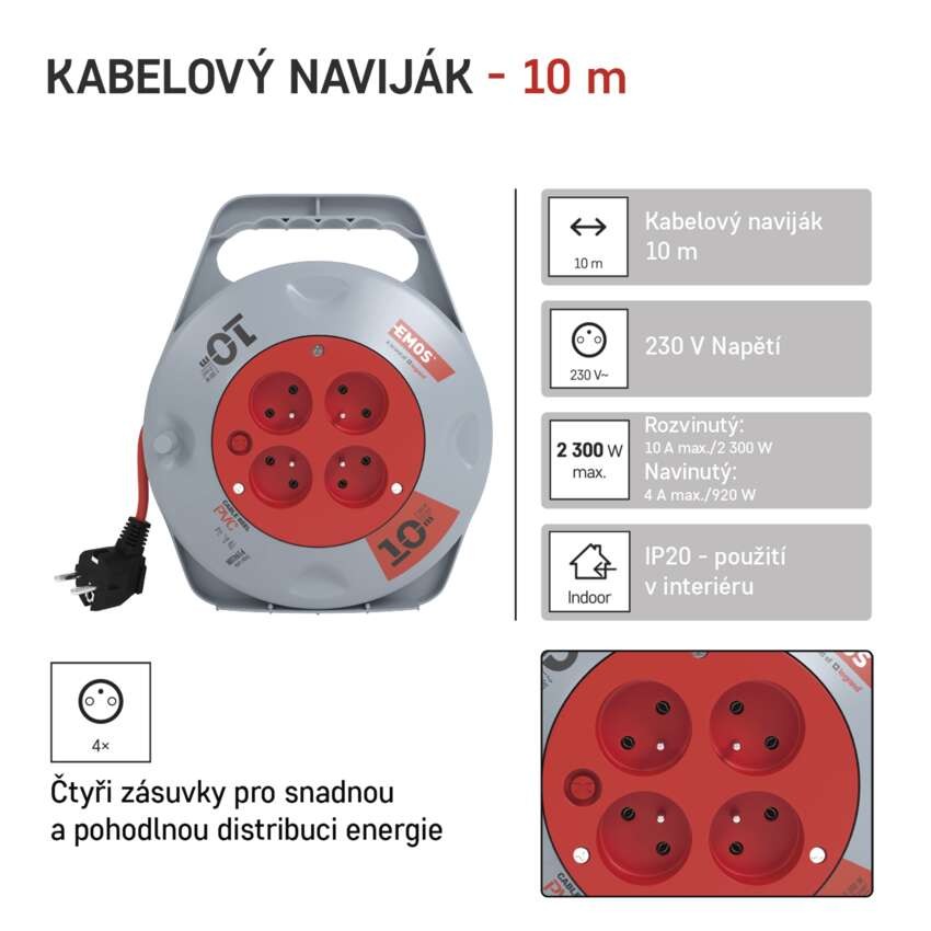 Prodlužovací kabel na bubnu 10 m / 4 zásuvky / červený / PVC / 230 V / 1 mm2