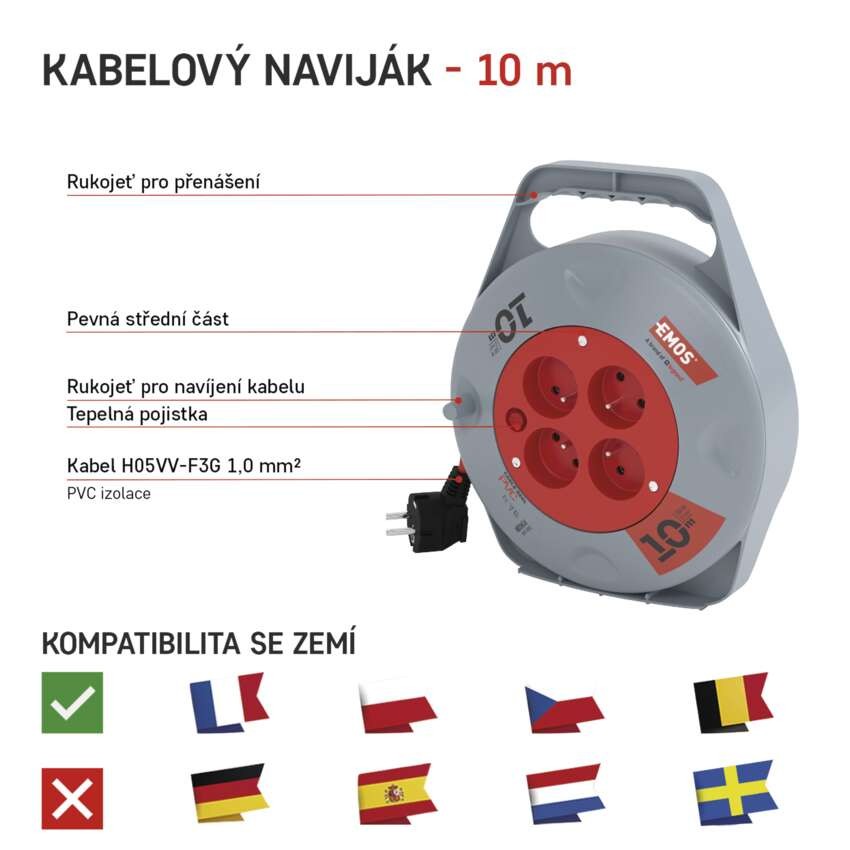 Prodlužovací kabel na bubnu 10 m / 4 zásuvky / červený / PVC / 230 V / 1 mm2