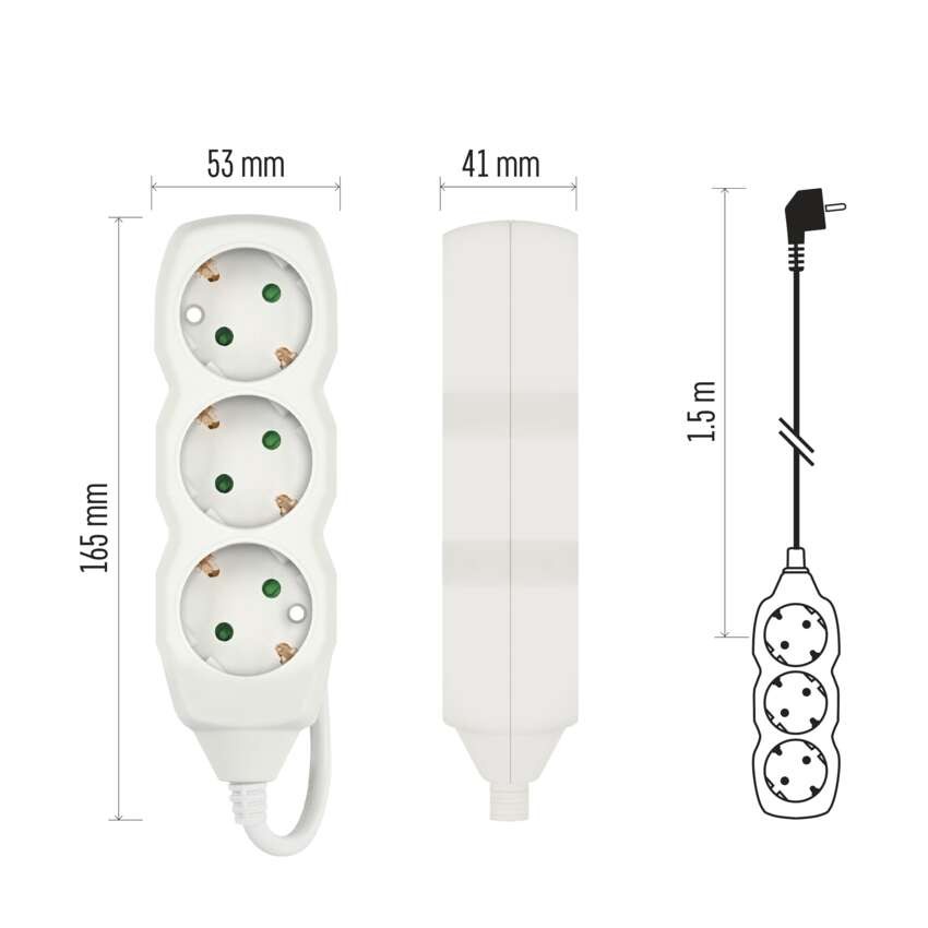 Ilgintuvas 1,5 m / 3 lizdai / baltas / PVC / 1,5 mm2 