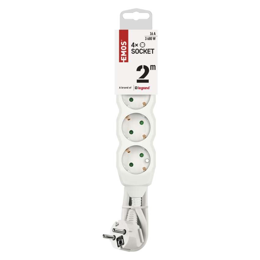 Prailginimo laidas 2 m / 4 lizdai / baltas / PVC / 1 mm2