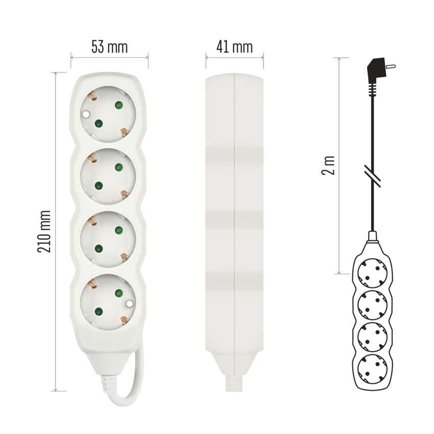 Prailginimo laidas 2 m / 4 lizdai / baltas / PVC / 1 mm2
