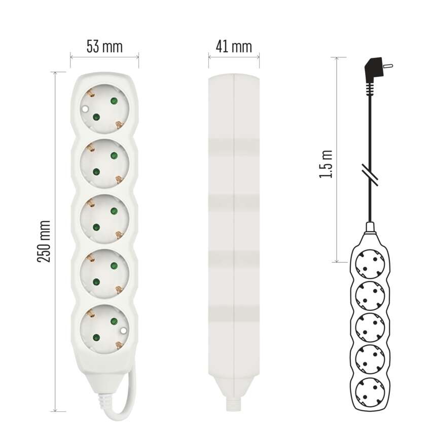 Pikendusjuhe 1,5 m / 5 Pistikupesa / valge / PVC / 1 mm2 