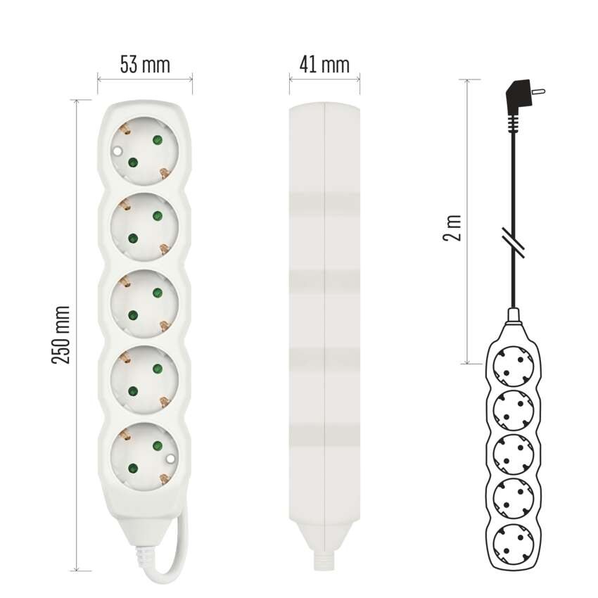 Hosszabbító 2 m  /  5 aljzat  /  fehér  /  PVC  /  1 mm2