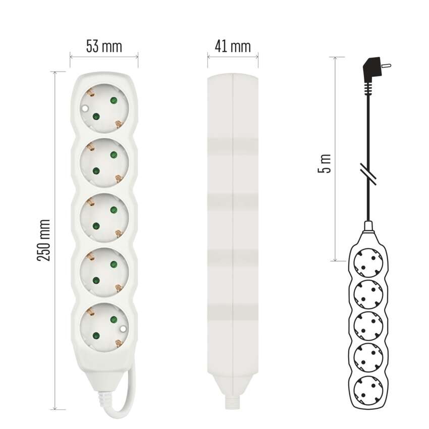 Podaljšek 5 m / 5 vtičnic / beli / PVC / 1,5 mm2