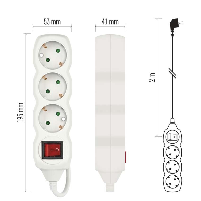Pagarinātājs, 2 m / 3 kontaktligzdas / ar slēdzi / balts / PVH / 1 mm2