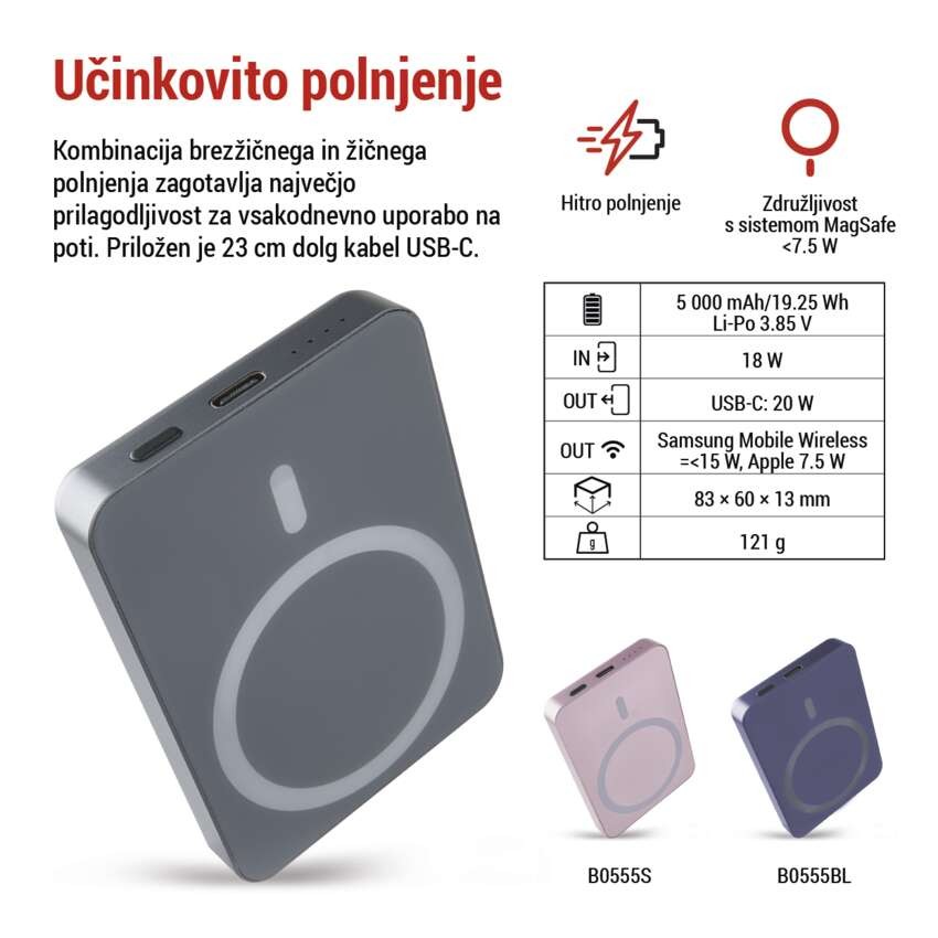 EMOS powerbank WI 522, 5 000 mAh, 20 W+Wireless, siva