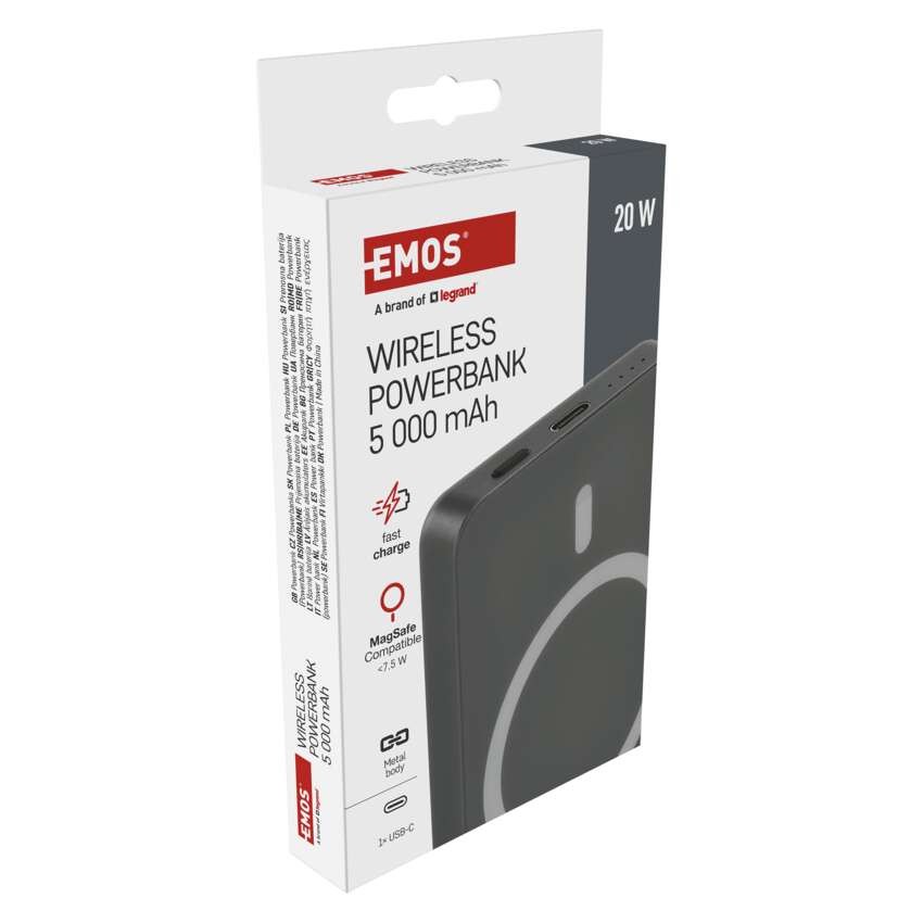 Powerbank EMOS WI 522, 5 000 mAh, 20 W+Wireless, grau