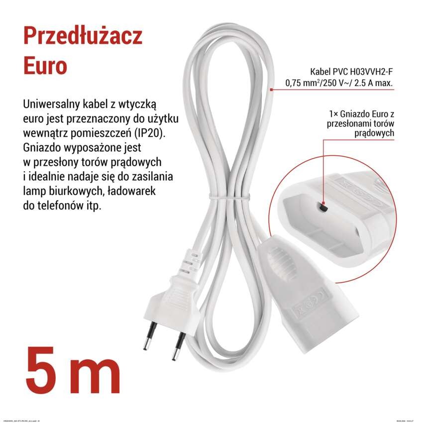 Przedłużacz 5 m / 1 gniazdo / biały / PVC / 0,75 mm2
