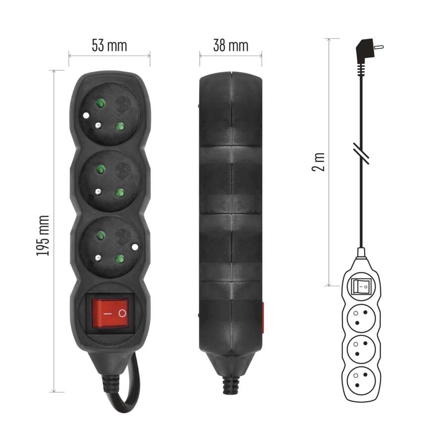 Przedłużacz 2 m / 3 gniazda / z wyłącznikiem / czarny / PVC / 1 mm2